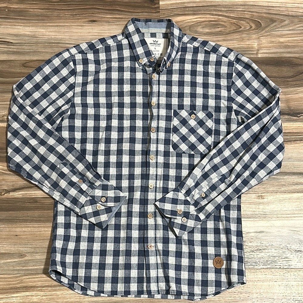 Kronstadt Mens Shirt Size L Long Sleeve Navy Grey Plaid Cotton Button Down